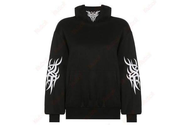 Totem Print Black Hoodie Womens Premium Hoodies With Turtleneck Pocket Kameymall