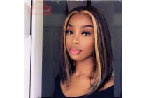 Hair Wigs Cheap Real Hair Extensions Honey Blonde Highlight Short Bob Straight Hair 